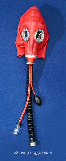 Pump hose L red with Soviet GP5 mask which has a latex hood added